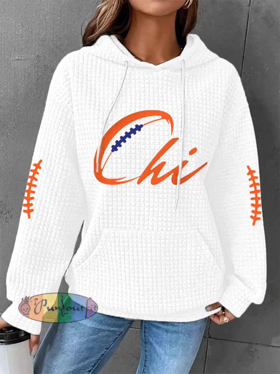 Women’s Football Fans Lovers Gameday Casual Waffle Hoodie White / S