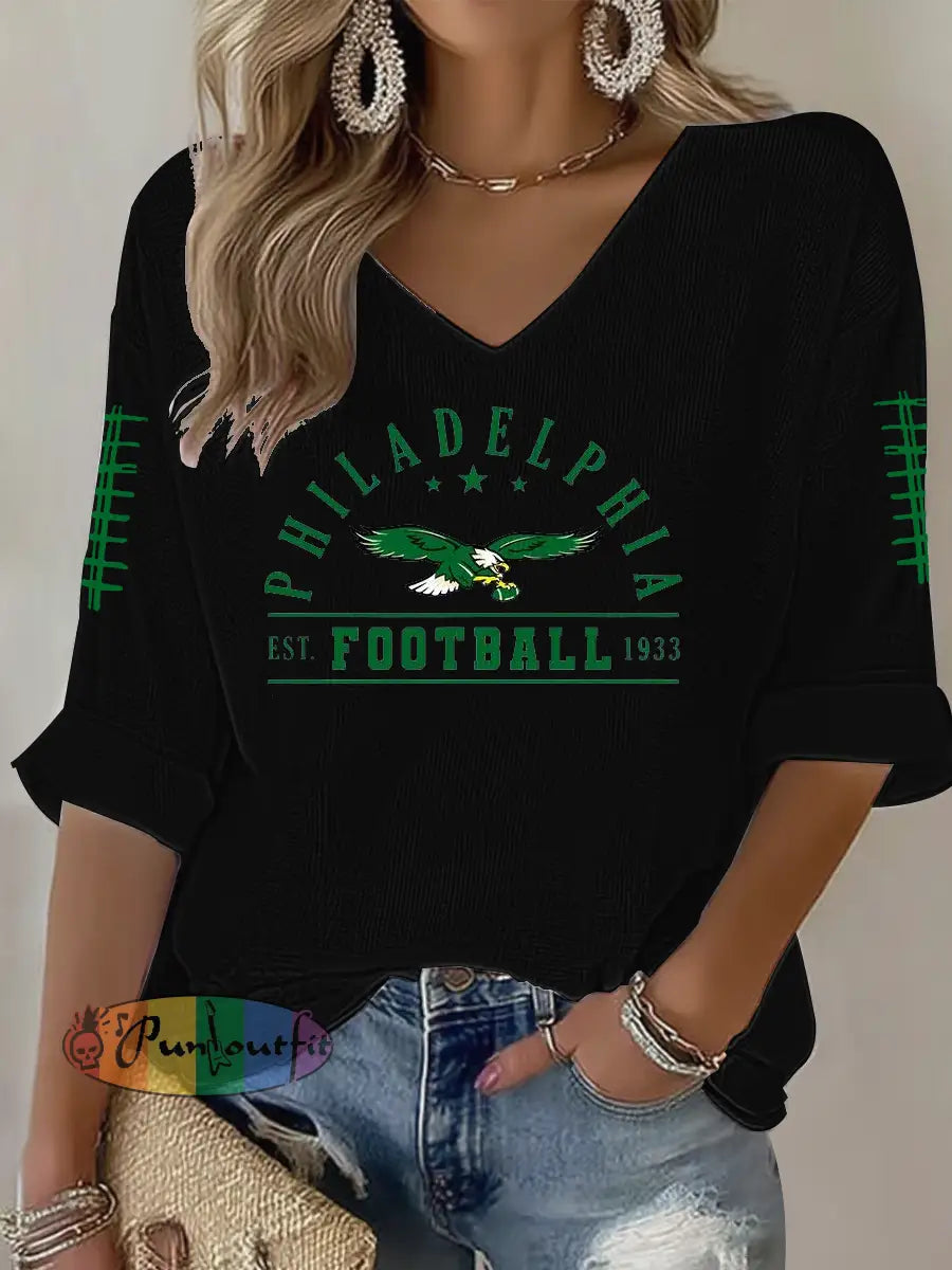 Women’s Football Fans Lovers Gameday Casual Waffle T-shirt Black / S