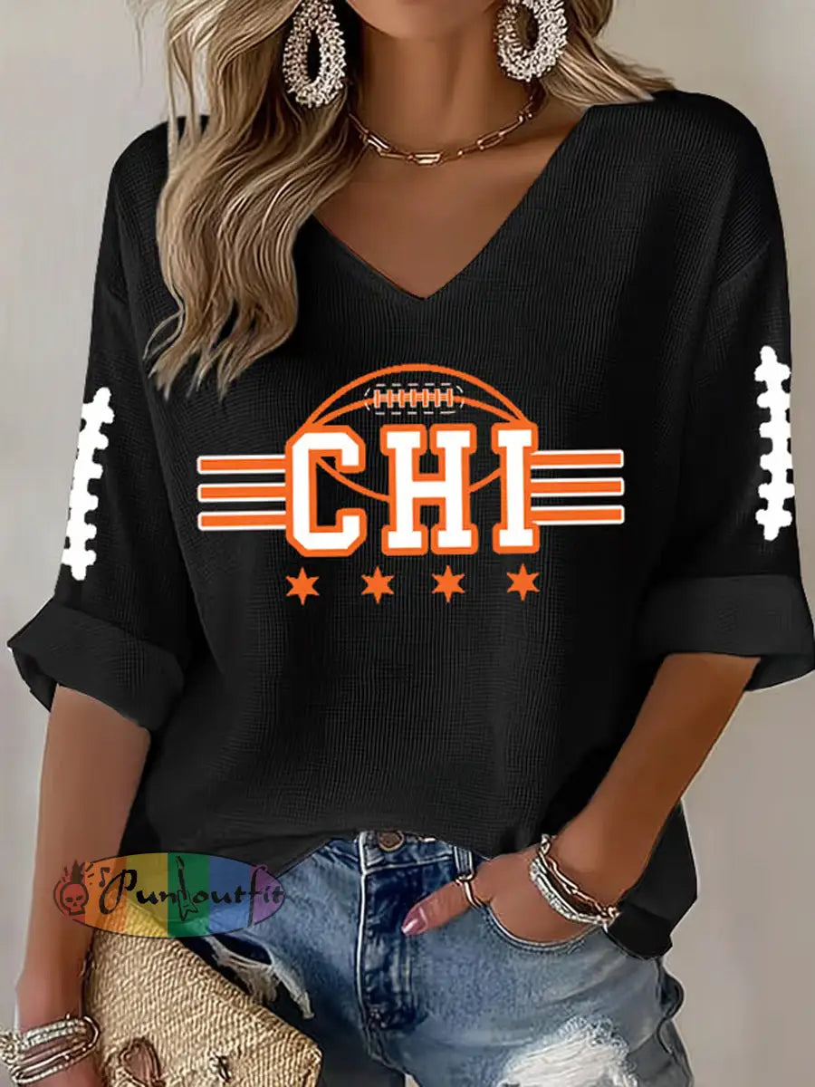 Women’s Football Fans Lovers Gameday Casual Waffle T-shirt Black / S