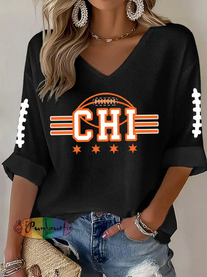 Women’s Football Fans Lovers Gameday Casual Waffle T-shirt Black / S