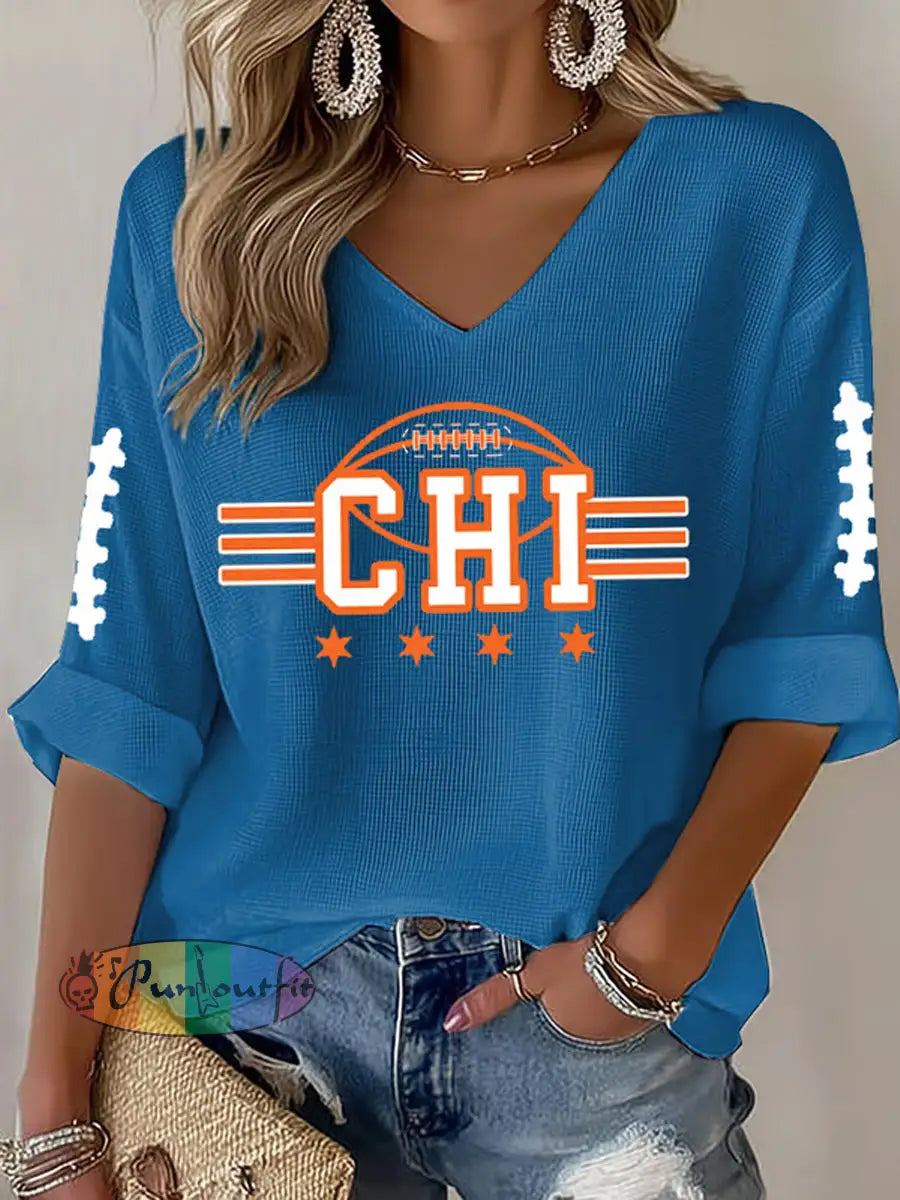 Women’s Football Fans Lovers Gameday Casual Waffle T-shirt Blue / S