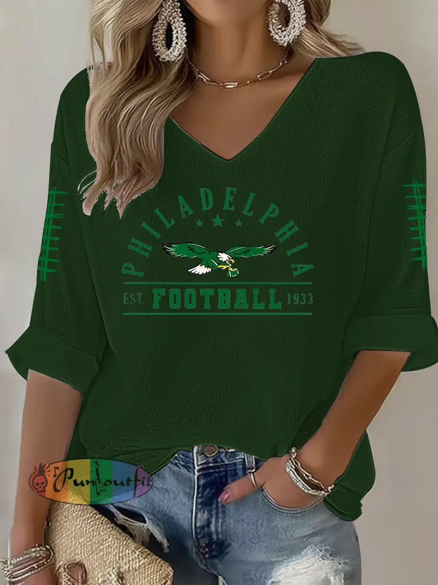 Women’s Football Fans Lovers Gameday Casual Waffle T-shirt Dark Green / S