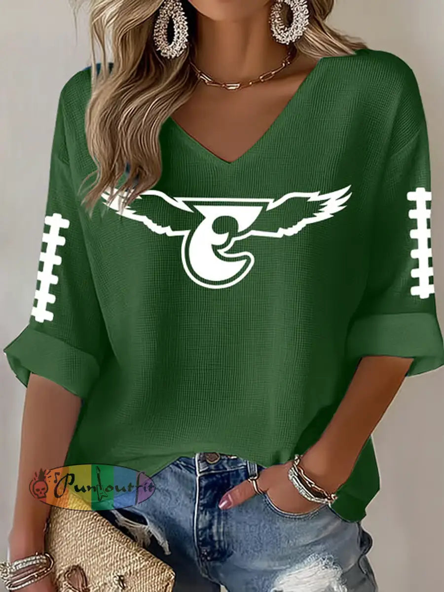 Women’s Football Fans Lovers Gameday Casual Waffle T-shirt Green / S