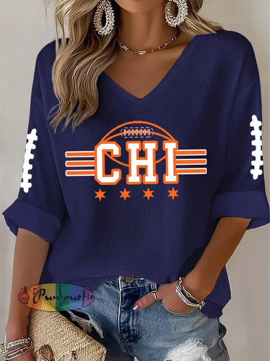 Women’s Football Fans Lovers Gameday Casual Waffle T-shirt Navy Blue / S