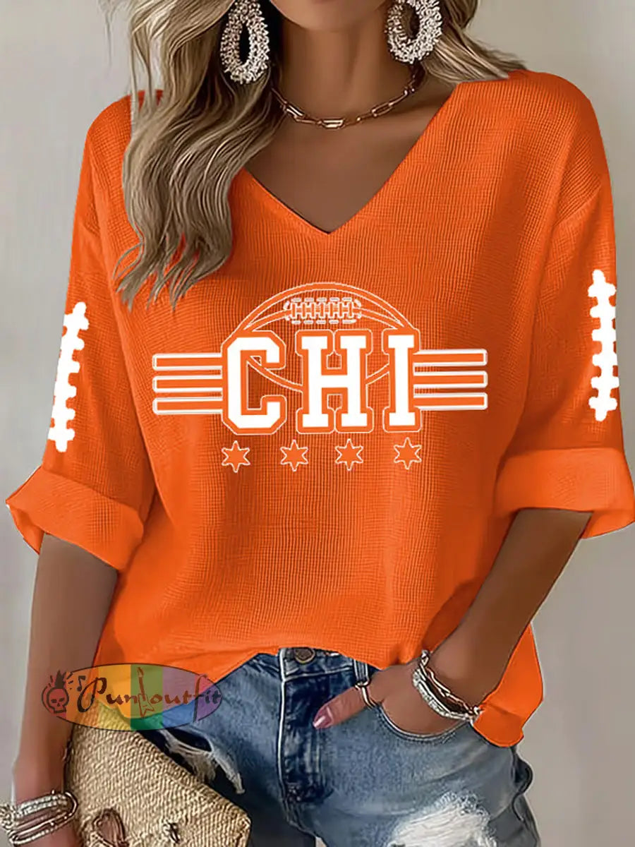 Women’s Football Fans Lovers Gameday Casual Waffle T-shirt Orange / S