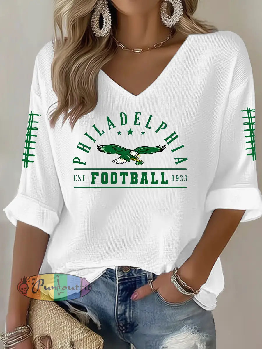 Women’s Football Fans Lovers Gameday Casual Waffle T-shirt White / S