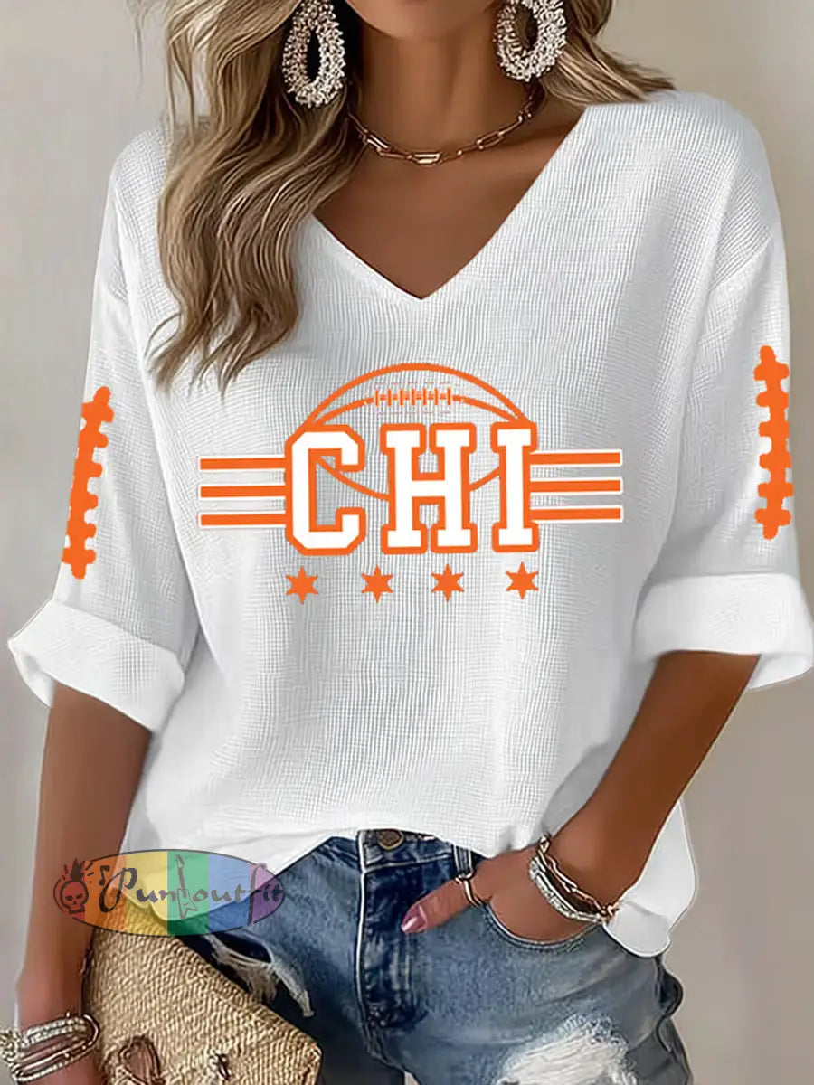 Women’s Football Fans Lovers Gameday Casual Waffle T-shirt White / S