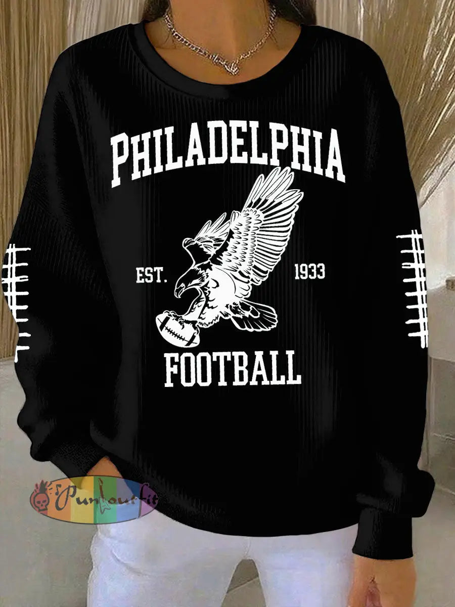 Women’s Football Fans Lovers Gameday Printed Casual Loose Long Sleeve Top Black / S