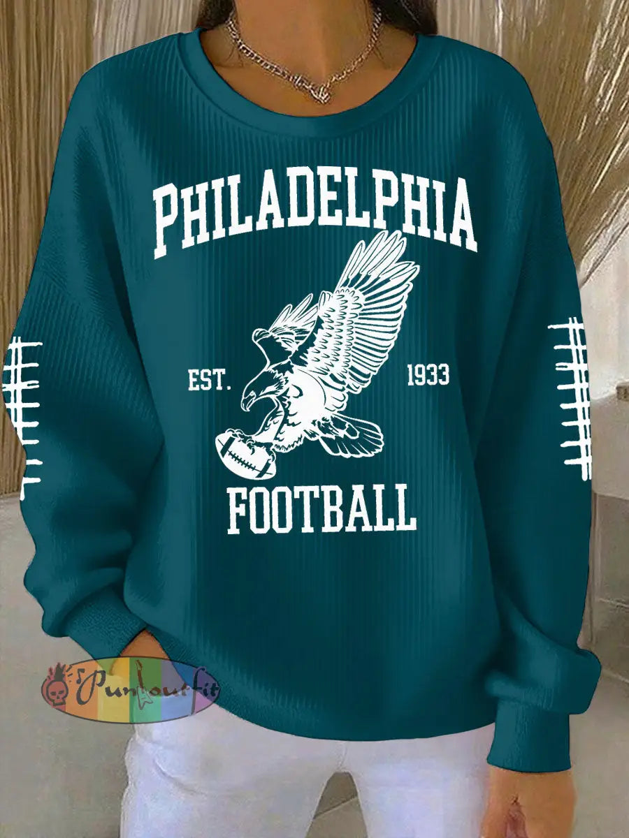 Women’s Football Fans Lovers Gameday Printed Casual Loose Long Sleeve Top Peacock Blue / S