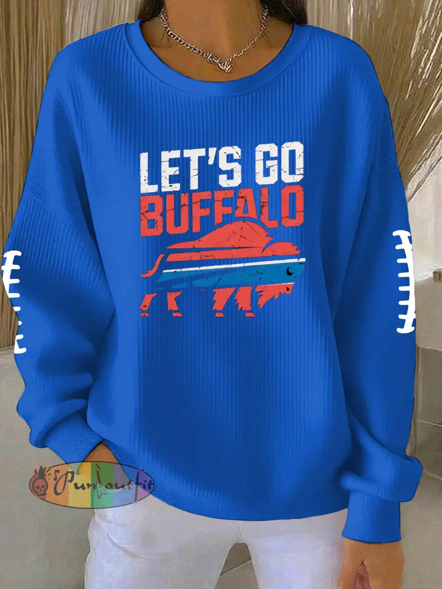 Women’s Football Fans Lovers Gameday Printed Vintage Casual Loose Long Sleeve Top Blue / S
