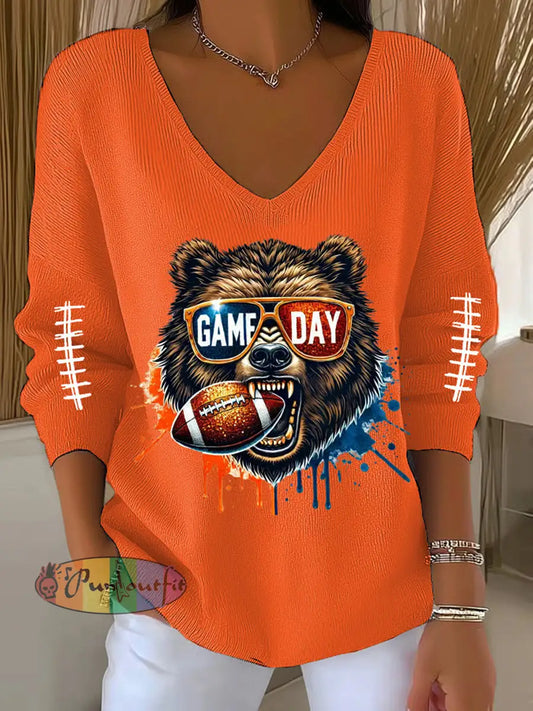Women’s Football Fans Lovers Gameday V-Neck Ribbed Top Orange / S