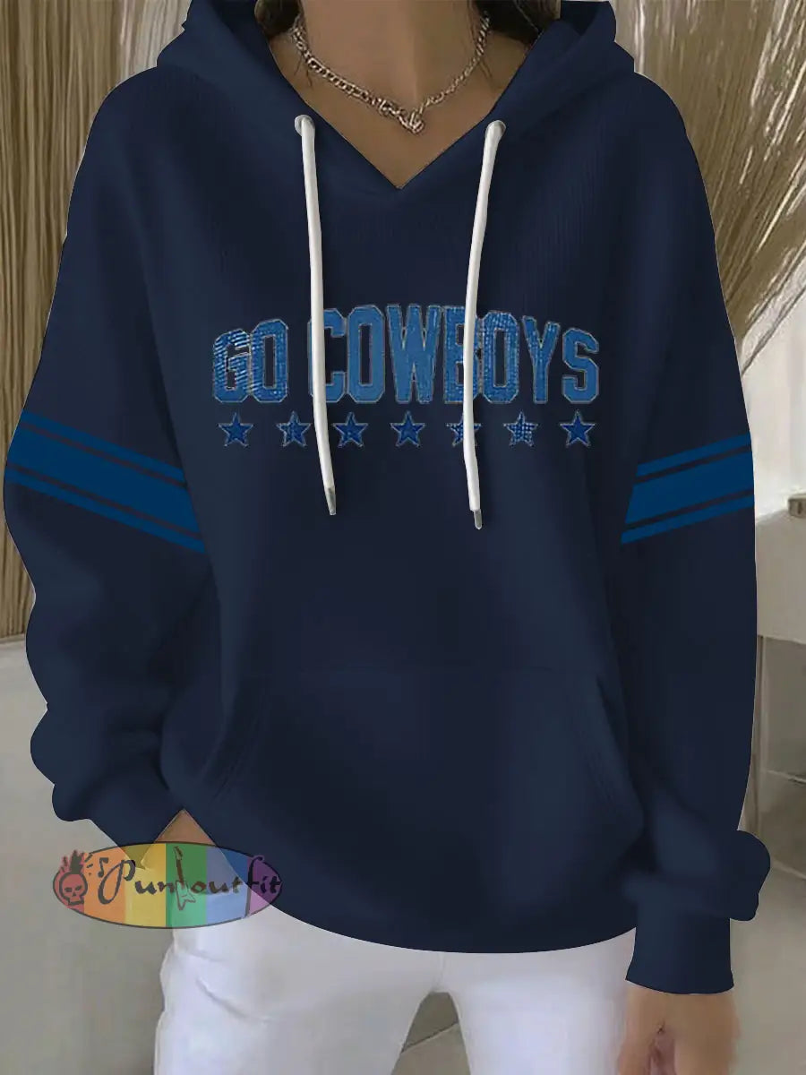 Women’s Football Print Casual Hoodie Navy Blue / S
