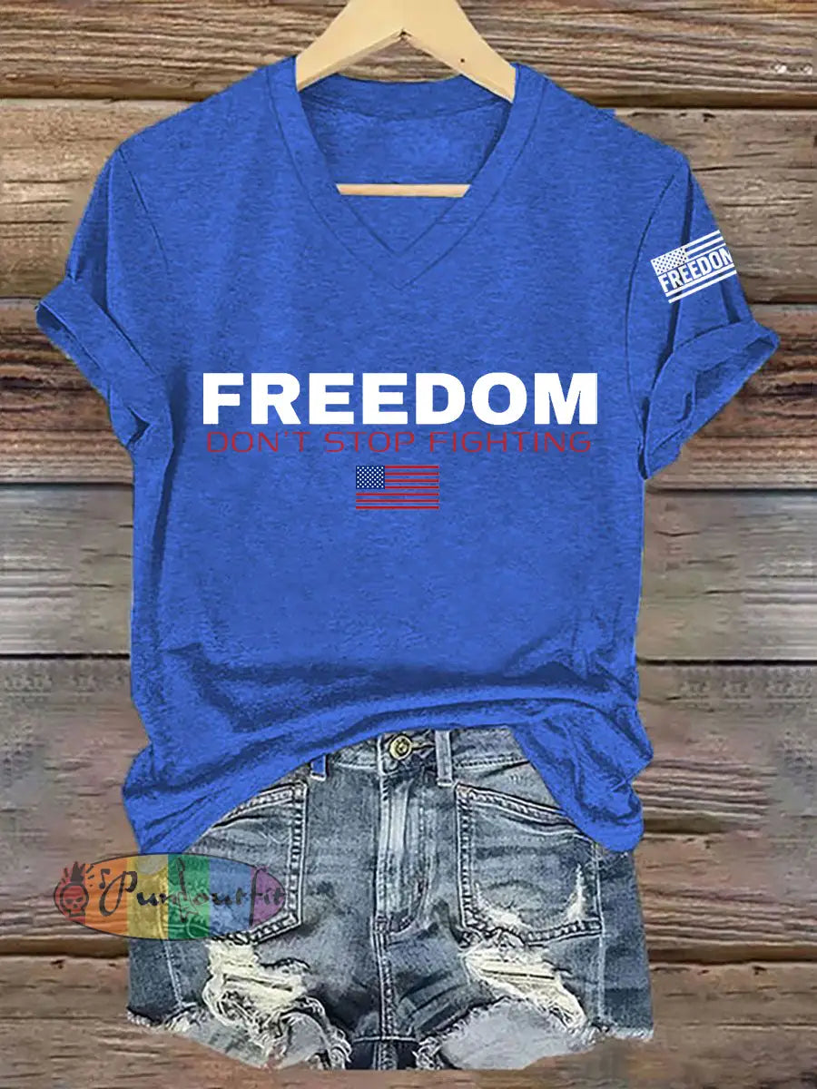 Women’s Freedom Don’t s Top Fighting R.I.P Charlie Kirk V-Neck Tee Blue / S