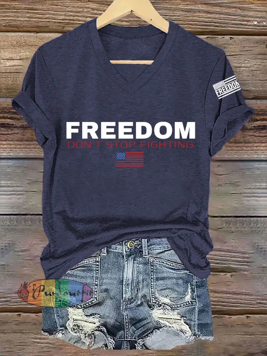 Women’s Freedom Don’t s Top Fighting R.I.P Charlie Kirk V-Neck Tee Navy Blue / S