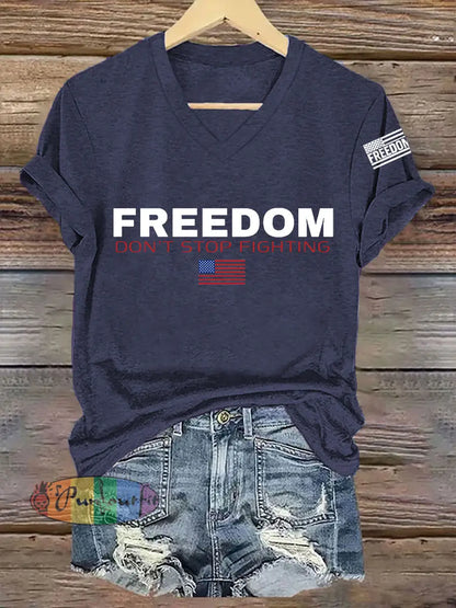 Women’s Freedom Don’t s Top Fighting R.I.P Charlie Kirk V-Neck Tee Navy Blue / S