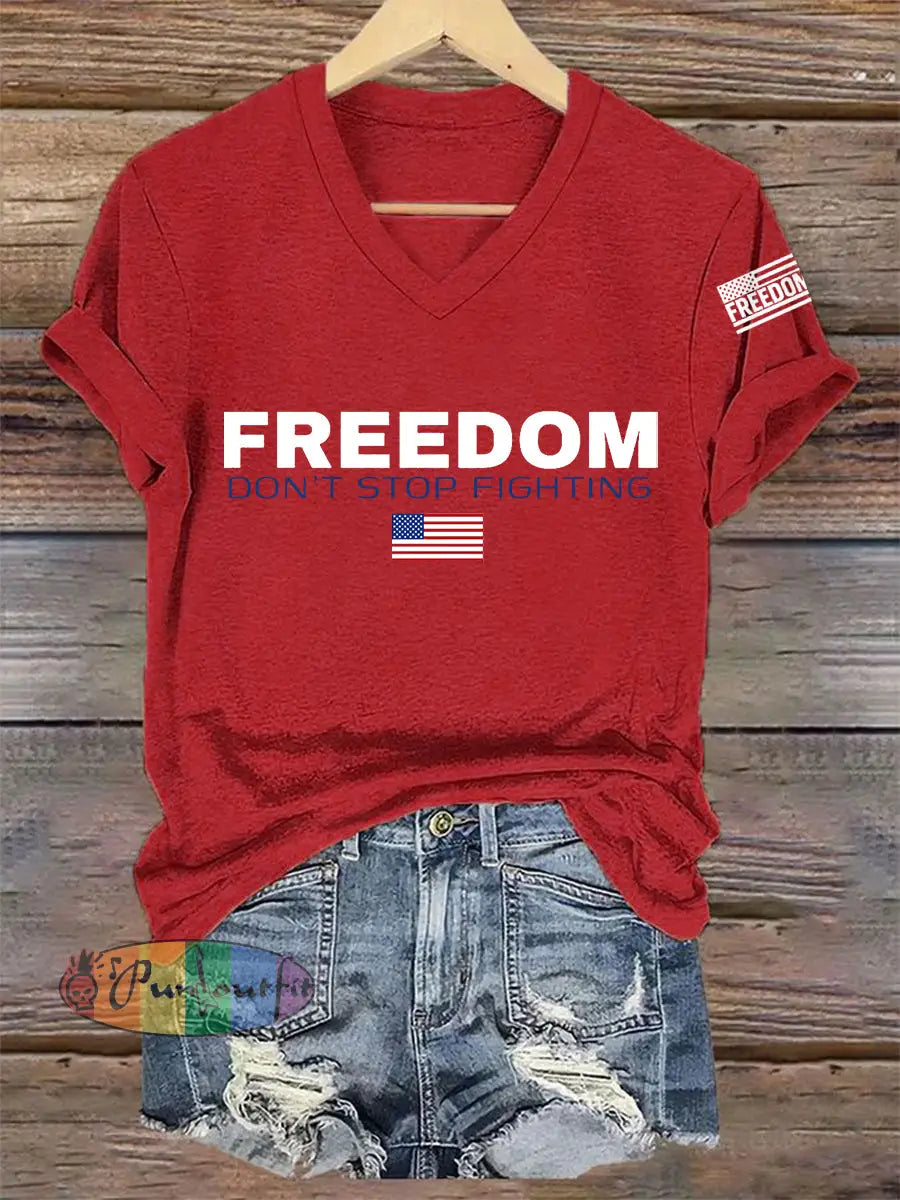 Women’s Freedom Don’t s Top Fighting R.I.P Charlie Kirk V-Neck Tee Red / S