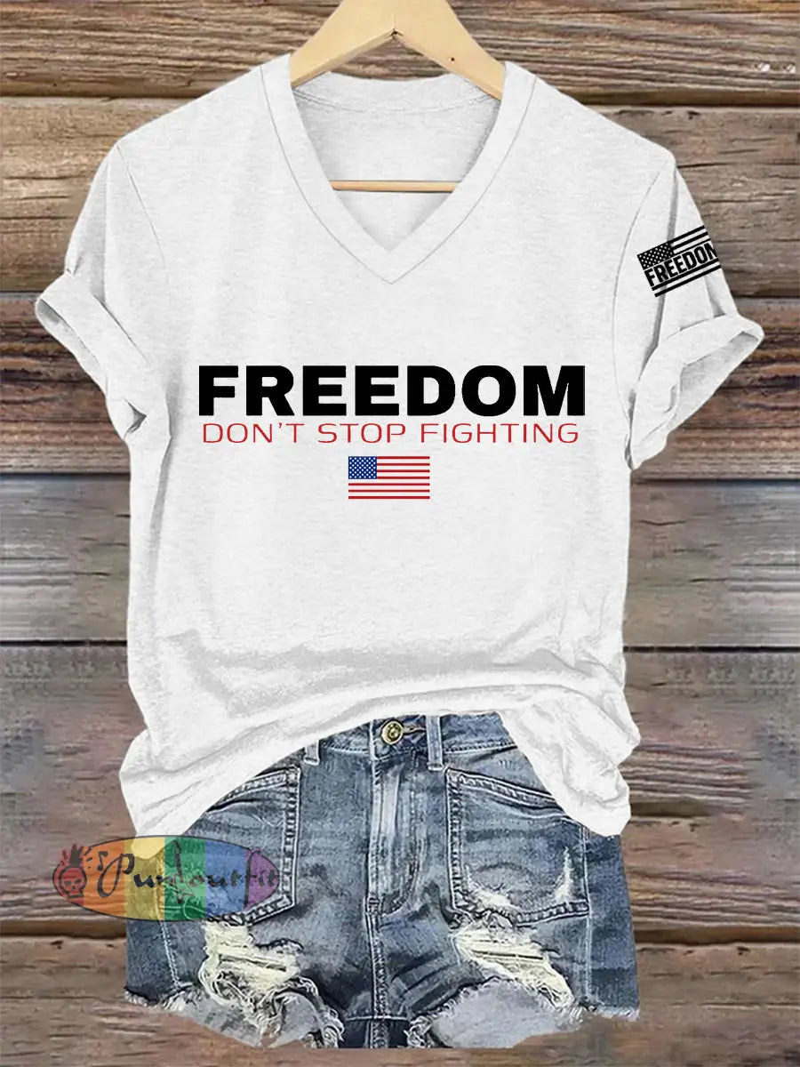 Women’s Freedom Don’t s Top Fighting R.I.P Charlie Kirk V-Neck Tee White / S