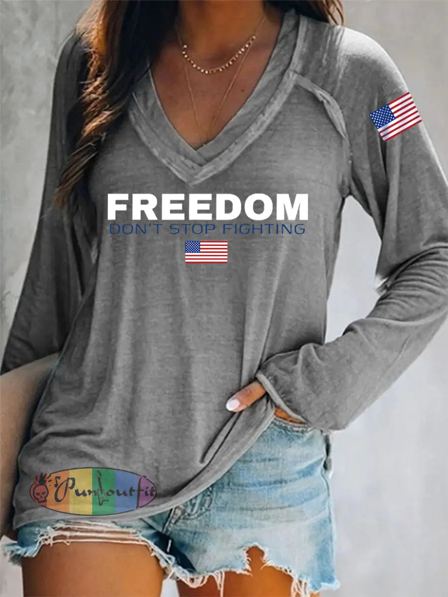 Women’s Freedom Don’t Stop Fighting R.I.P Charlie Kirk Long-Sleeve T-Shirt Gray / S