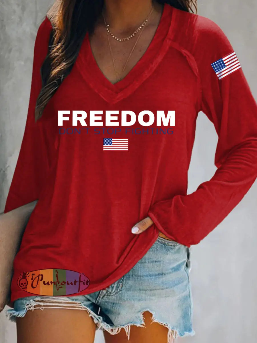 Women’s Freedom Don’t Stop Fighting R.I.P Charlie Kirk Long-Sleeve T-Shirt Red / S
