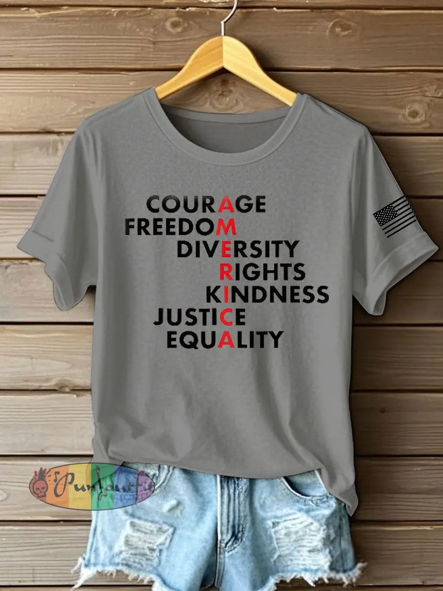 Women’s Freedom Printed Iron On Short Sleeve T-Shirt Light Gray / S