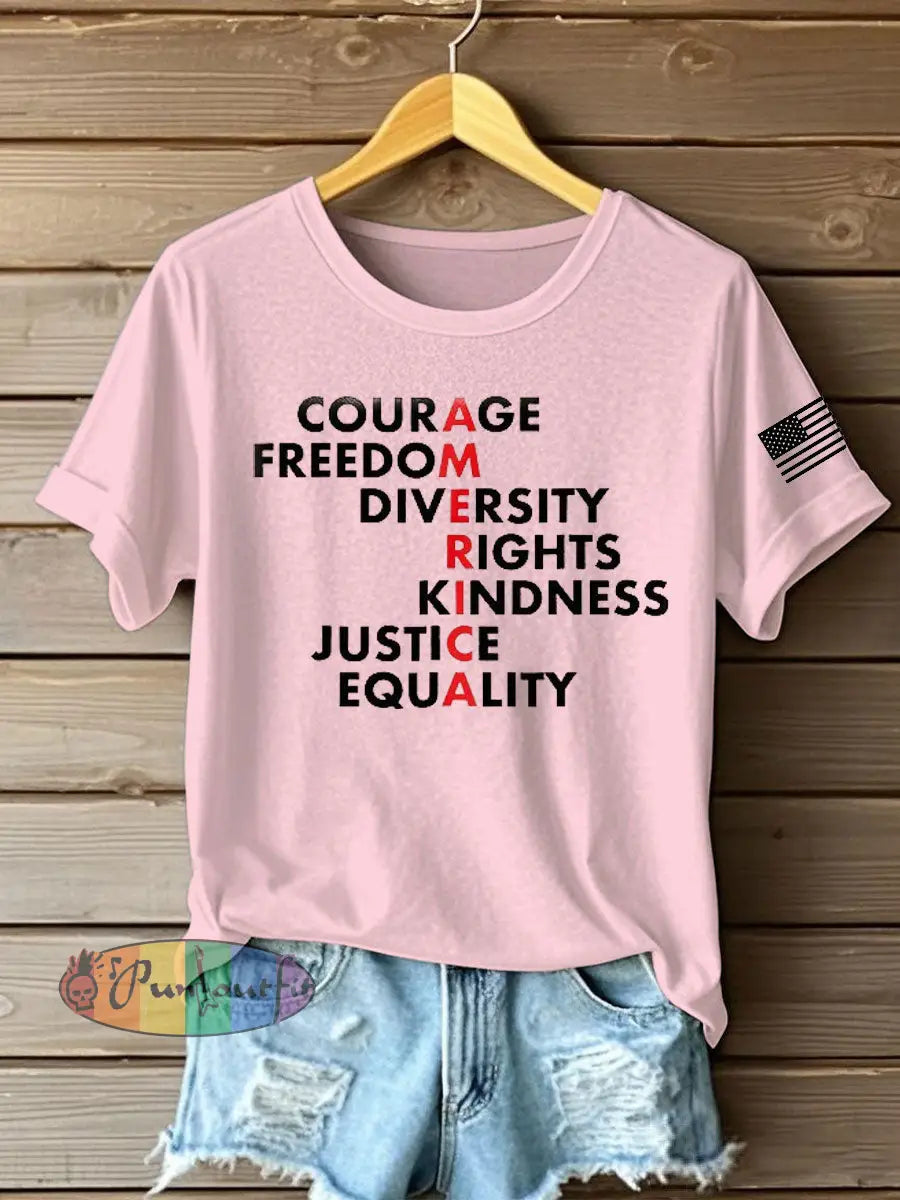 Women’s Freedom Printed Iron On Short Sleeve T-Shirt Pink / S
