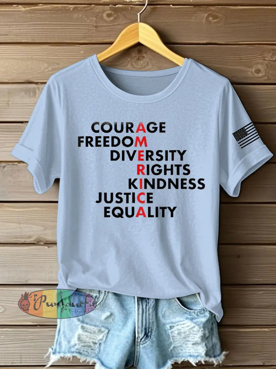 Women’s Freedom Printed Iron On Short Sleeve T-Shirt Sky Blue / S