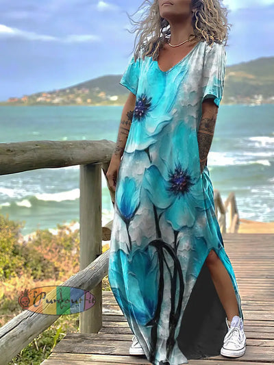 Women’s Funny Orchid Print Design Short Sleeve Maxi Dress Colorful / S