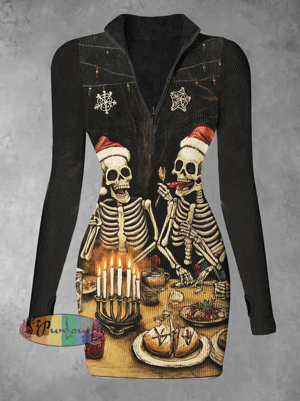 Women’s Funny Skull Print Christmas Casual Long Sleeve Mini Dress Colorful / S