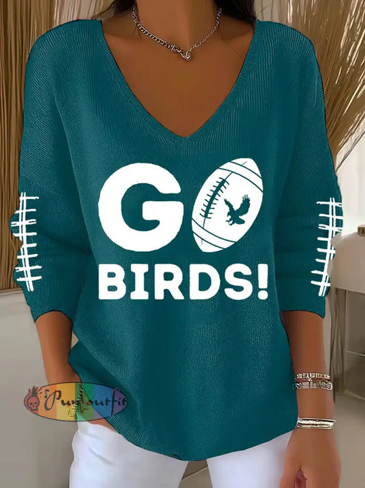 Women’s Go Birds Football Fans Lovers Gameday Casual Long-Sleeve Top Peacock Blue / S