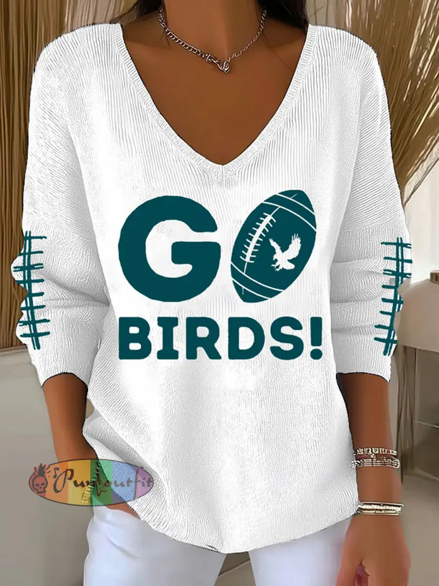 Women’s Go Birds Football Fans Lovers Gameday Casual Long-Sleeve Top White / S