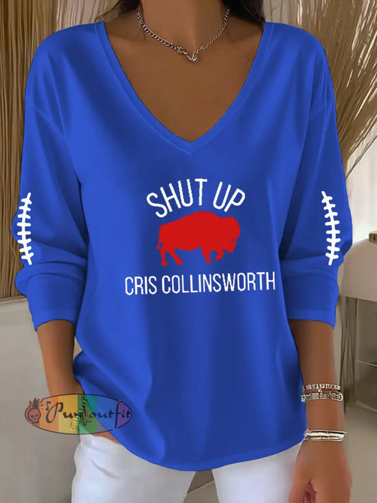 Women’s Go Buffalo Football Fans Lovers Gameday Casual V-Neck Long Sleeve T-Shirt Blue / S