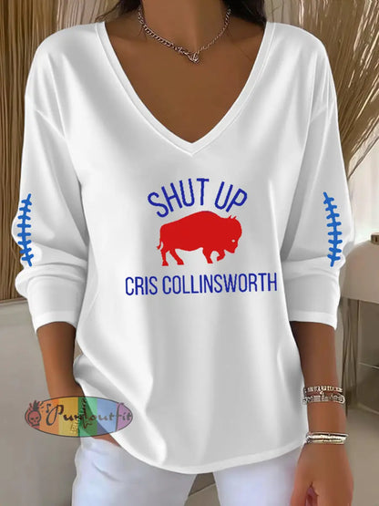 Women’s Go Buffalo Football Fans Lovers Gameday Casual V-Neck Long Sleeve T-Shirt White / S