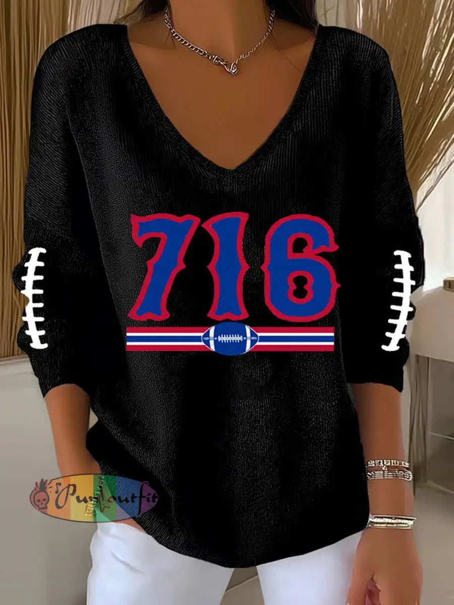 Women’s Go Buffalo Football Fans Lovers Gameday Casual V-Neck Ribbed Top Black / S