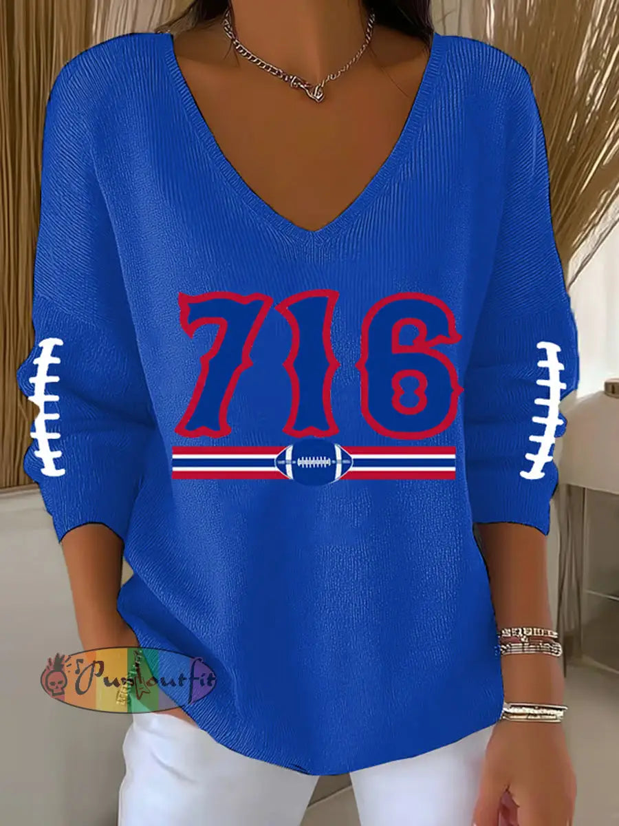 Women’s Go Buffalo Football Fans Lovers Gameday Casual V-Neck Ribbed Top Blue / S