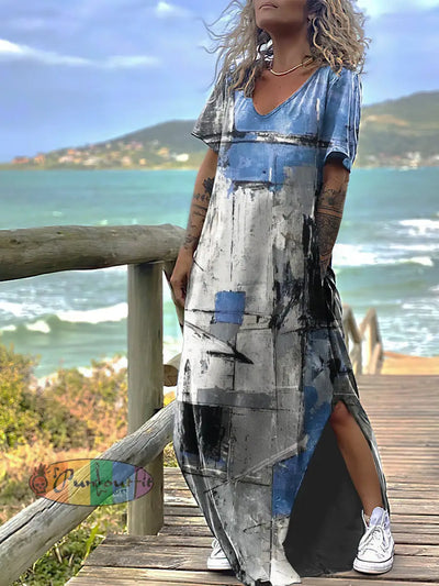 Women’s Gothic Abstract Print Design Short Sleeve Maxi Dress Colorful / S