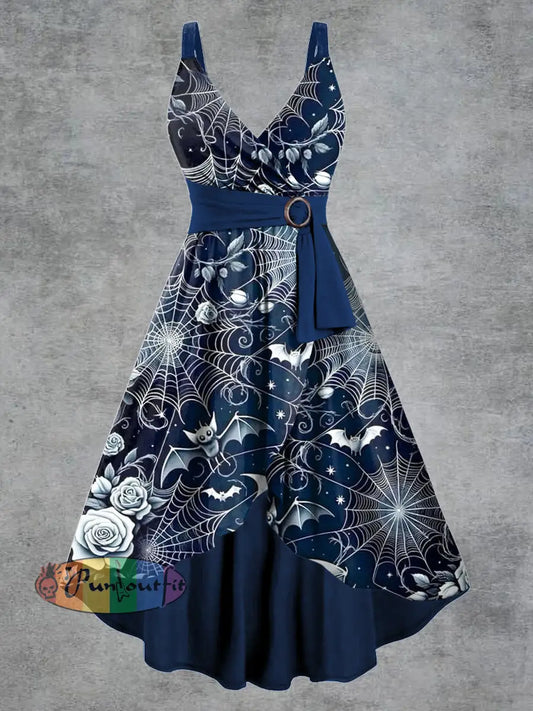 Women’s Gothic Bat Floral Print V-neck Belt Camisole Dress Blue / S