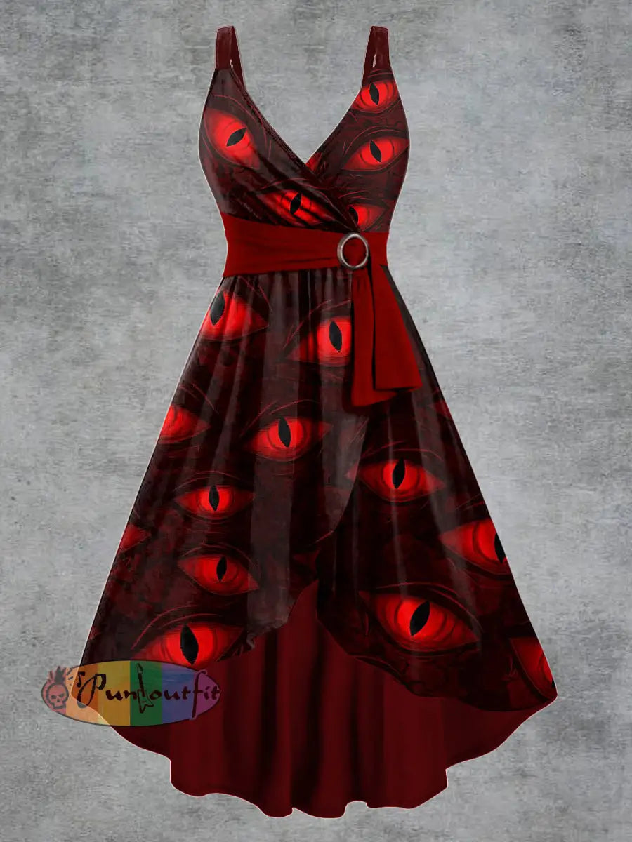 Women’s Gothic Dark Eyes Print V-neck Belt Camisole Dress Black-Red / S