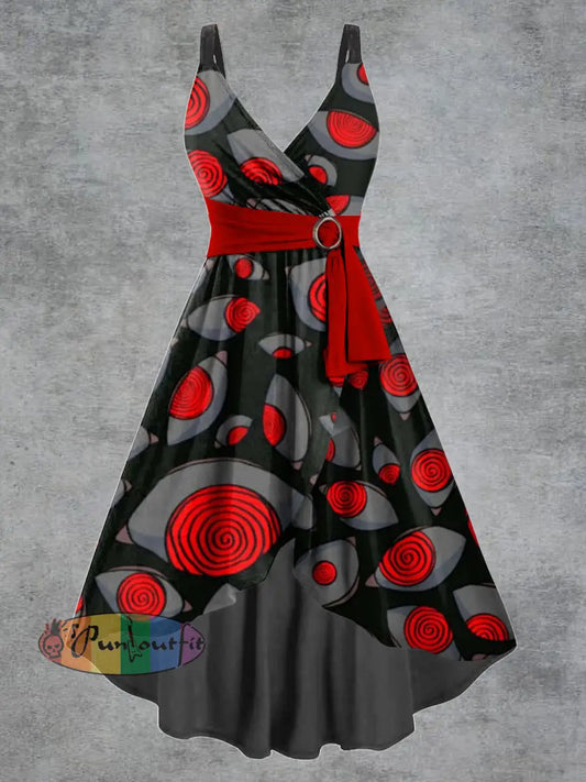 Women’s Gothic Dark Eyes Print V-neck Belt Camisole Dress Black-Red / S