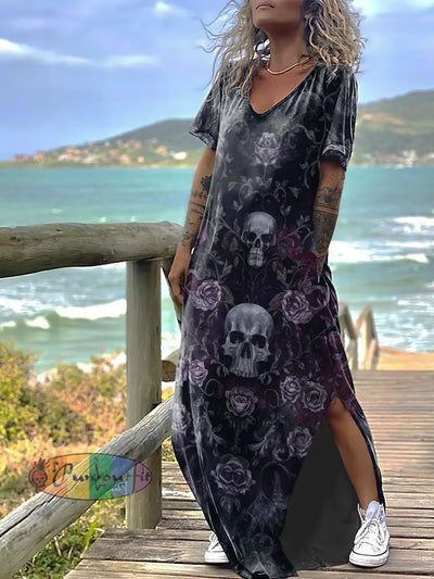 Women’s Gothic Floral Skull Print Design Short Sleeve Maxi Dress Colorful / S