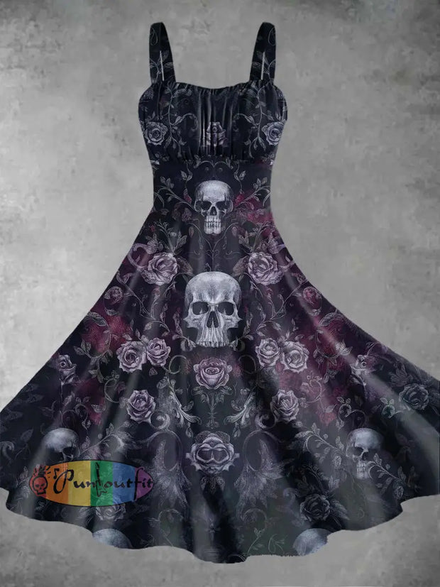 Women’s Gothic Floral Skull Print Halter Dresses As Picture / S