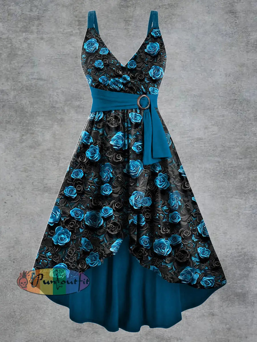Women’s Gothic Flower Print V-neck Belt Camisole Dress Dark Blue / S
