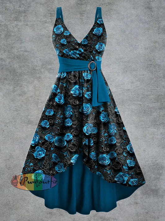 Women’s Gothic Flower Print V-neck Belt Camisole Dress Dark Blue / S