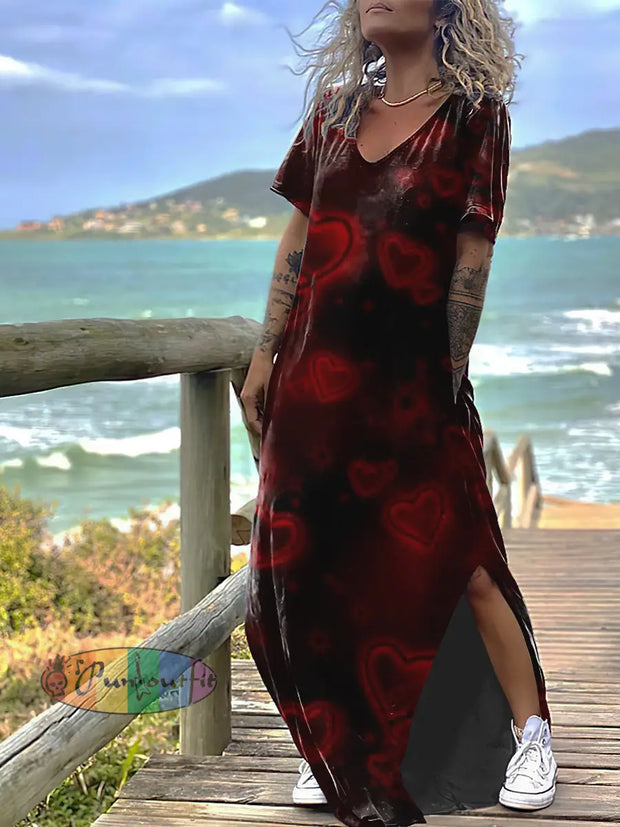 Women’s Gothic Hearts Print Design Short Sleeve Maxi Dress Red / S