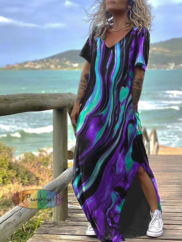 Women’s Gothic Magic Abstract Print Design Short Sleeve Maxi Dress Colorful / S