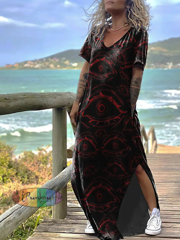 Women’s Gothic Magic Eyes Print Design Short Sleeve Maxi Dress Red / S