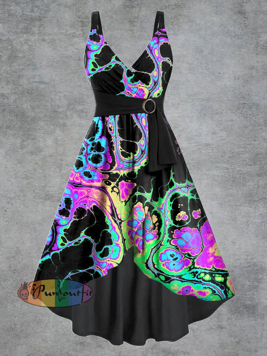 Women’s Gothic Psychedelic Print V-neck Belt Camisole Dress Colorful / S