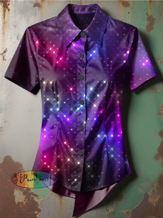 Women’s Gothic Punk Stage Glitter Printed Casual Short Sleeve Irregular Shirt Purple / S