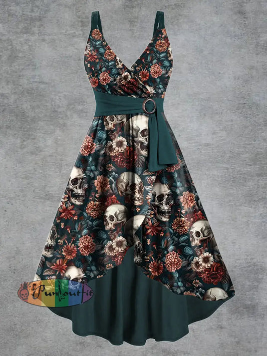Women’s Gothic Skull Floral Print V-neck Belt Camisole Dress Dark Green / S