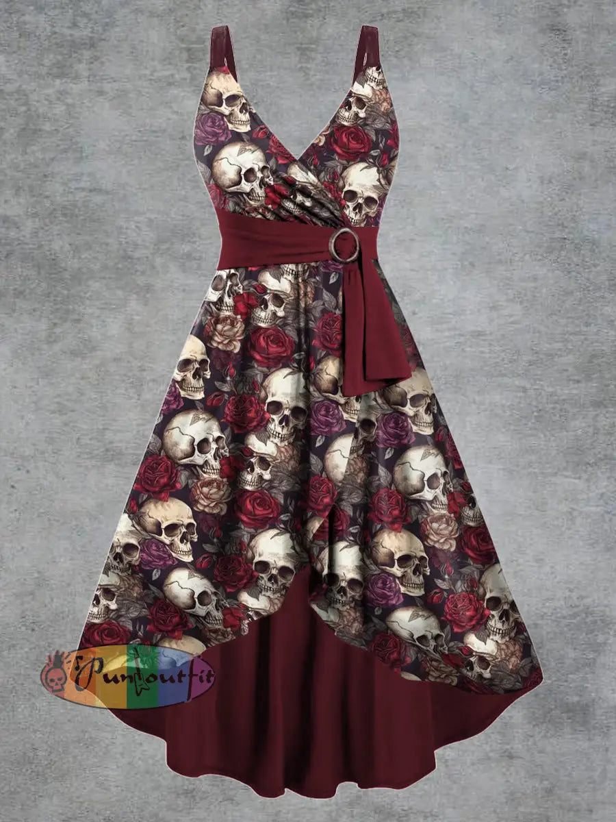 Women’s Gothic Skull Floral Print V-neck Camisole Dress Deep Red / S
