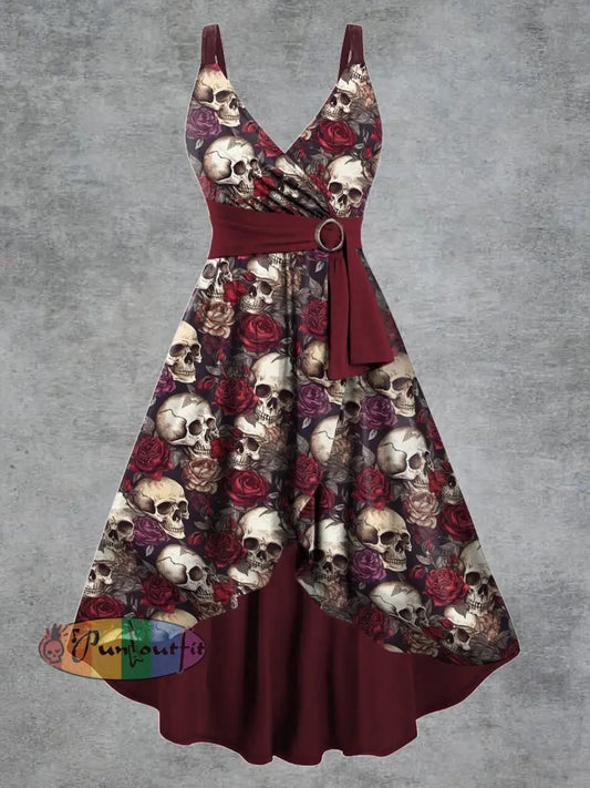 Women’s Gothic Skull Floral Print V-neck Camisole Dress Deep Red / S